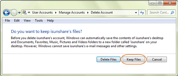 windows 7 prompt when deleting account