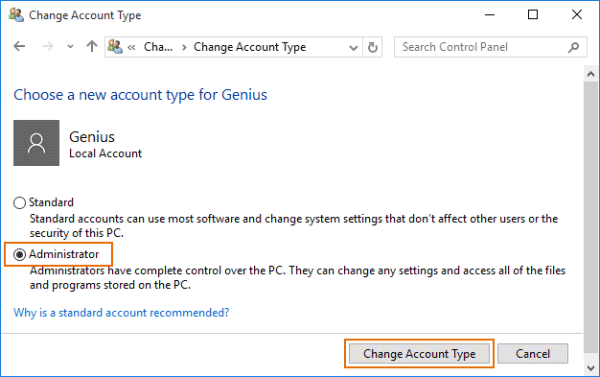 change standard user to administrator