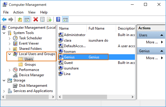 choose standard user in computer management