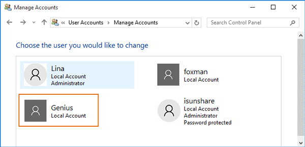 choose standard user in control panel