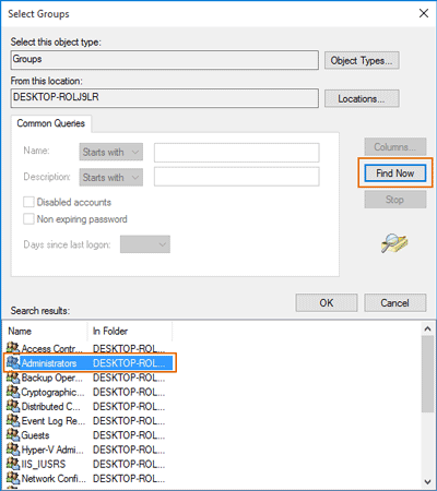 find and select group Administrators