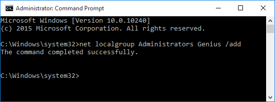 promote standard user to administrator via command prompt