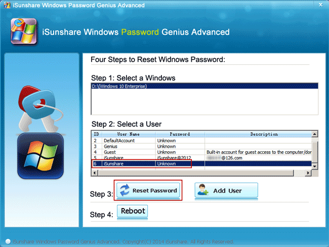 reset windows password with isunshare software