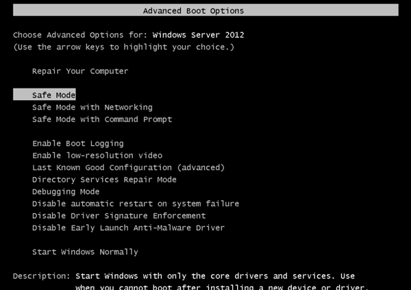 choose safe mode to boot windows server 2012