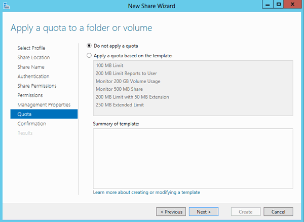 quota settings for NFS sharing