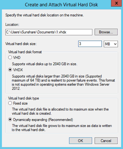 set virtual hard disk parameters