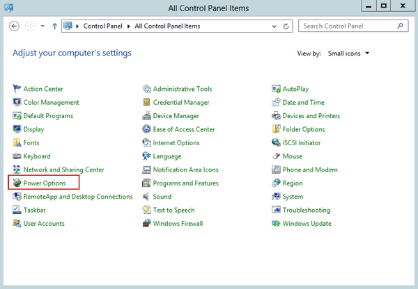 open windows server 2012 power options