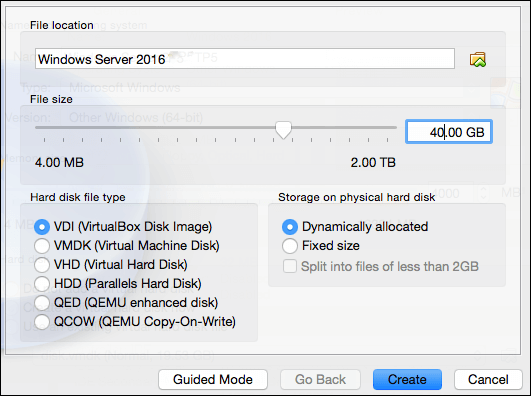 configure the hard disk size and type