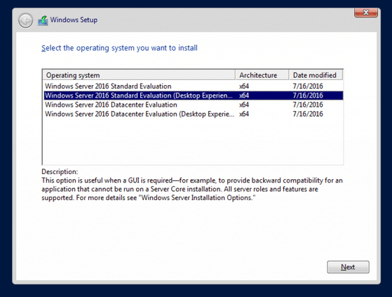 select one windows server system to install