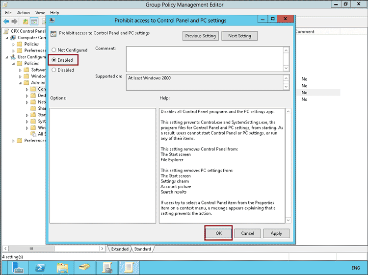 enable prohibit access to control setting
