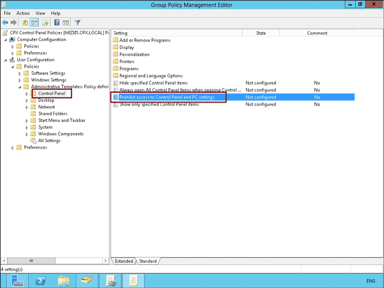 find process to control panel prohibit setting