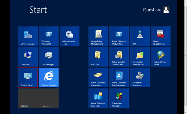 open windows server 2012 control panel in start screen