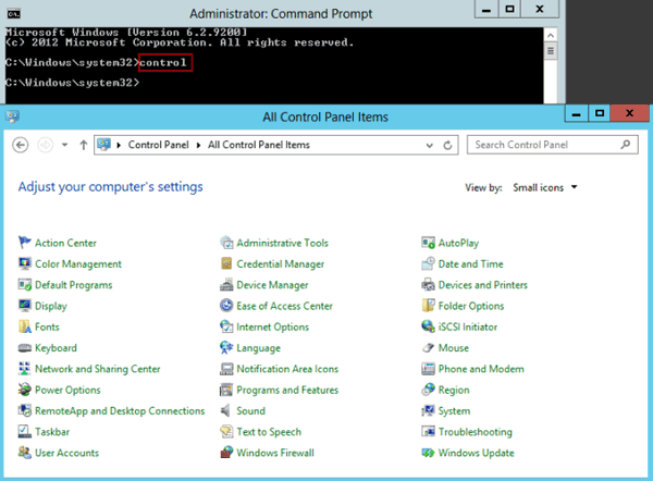 run windows 2012 control panel with command