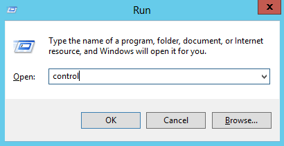 start control panel with Run dialog box