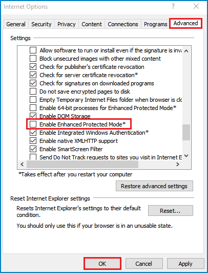 uncheck enable enhanced protected mode