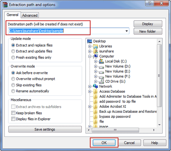 confirmer les paramètres d'extraction de fichier zip