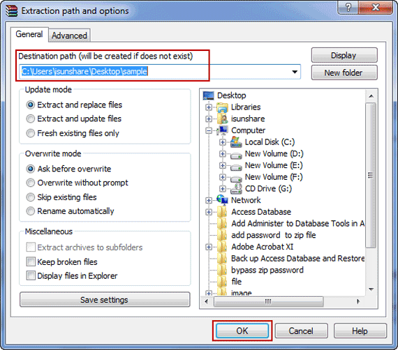 confirm zip extraction path and options in winrar