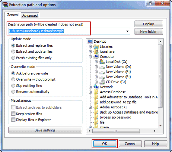 confirmer le chemin d'extraction zip et les options dans winrar