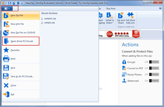 WinZip で zip ファイルを開きます