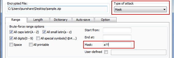 password attack settings for encrypted zip file 