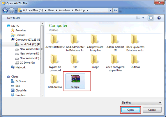 Wählen Sie eine komprimierte Datei aus, die in WinZip geöffnet werden soll