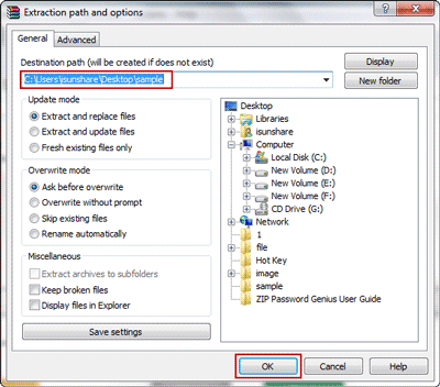 confirm winzip file extraction destination path