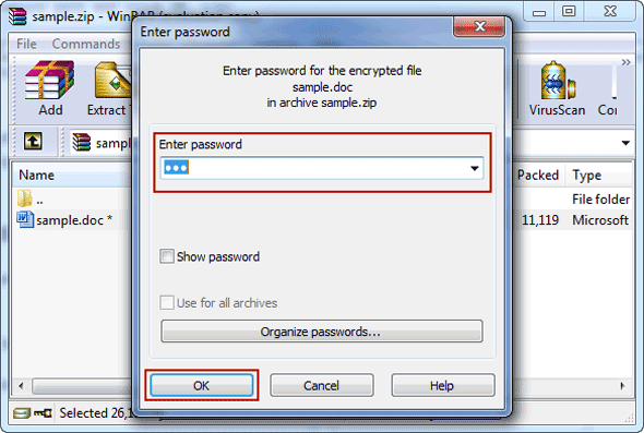 unzip password protected zip file