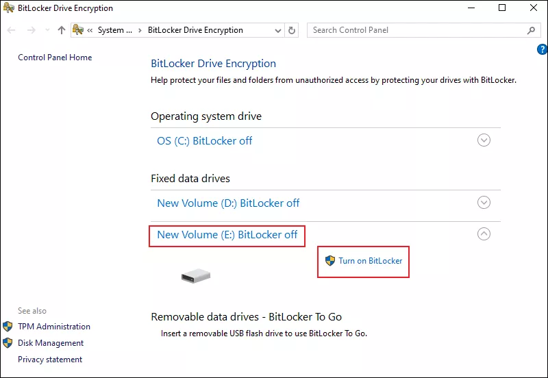 Turn on BitLocker Option