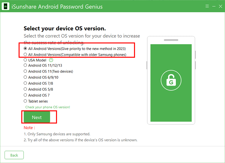 select All Android Versions option