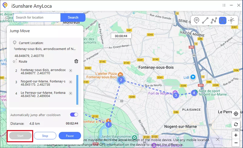 click Start to jump move