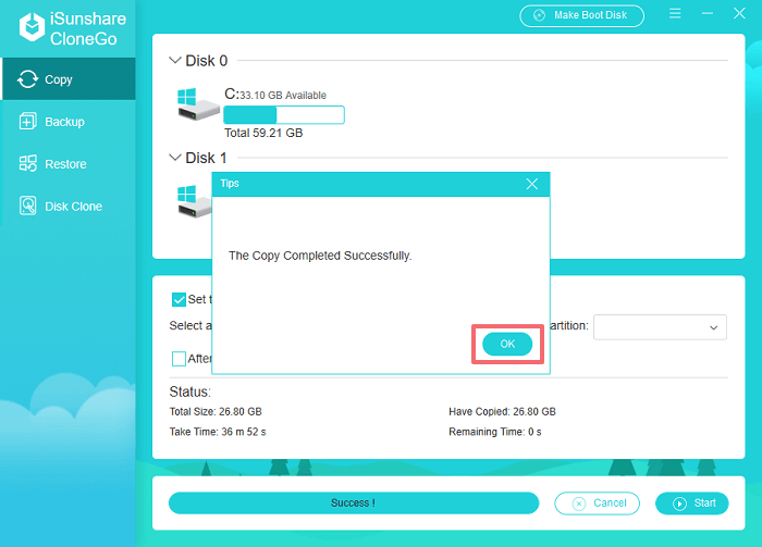 Kopieren Sie das System erfolgreich