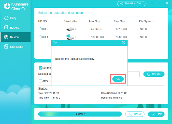 restore the system successfully