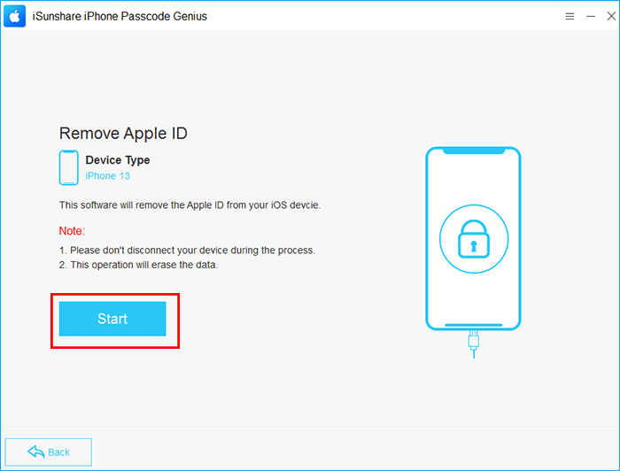 click Start on Remove Apple ID Screen