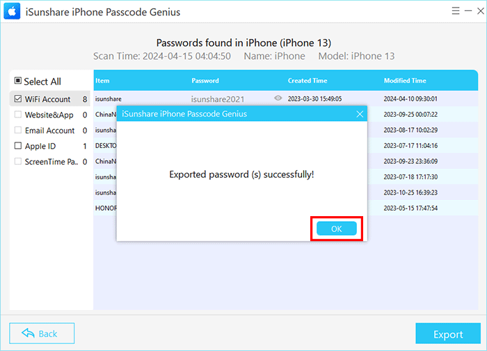 export accounts and passwords successfully