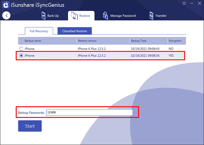 select full backup to restore