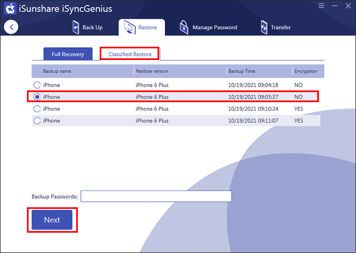 select partial backp file to restore