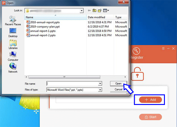 select protected pptx file to import