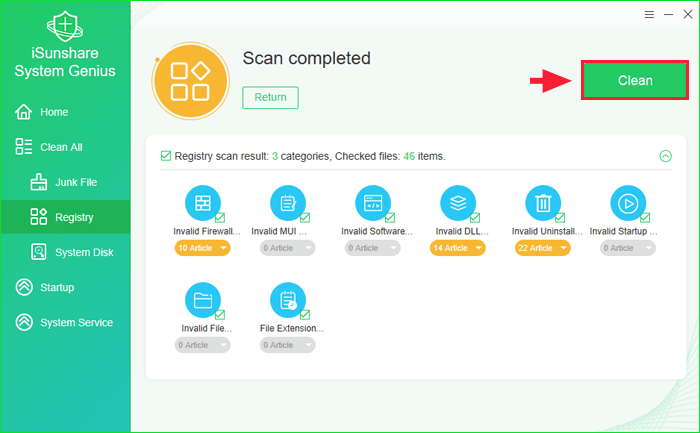 click the clean button to clear registries