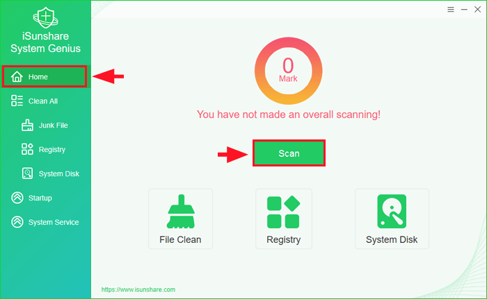 click the scan button to scan junk files and registries