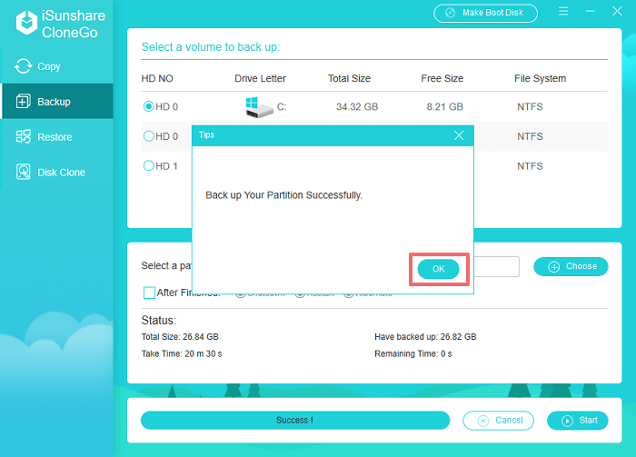 システムを正常にバックアップします